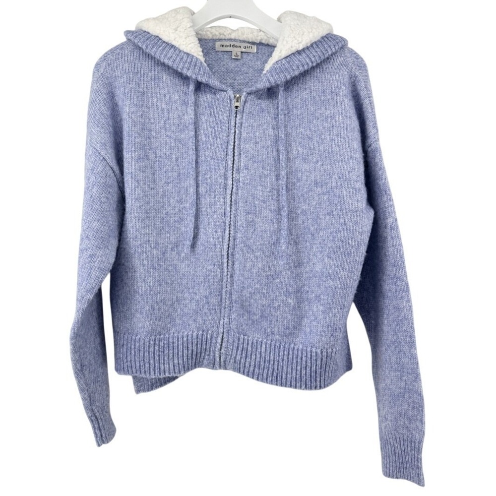 Madden Girl Hoodie Sweater Womens Large Blue Full Zip Sherpa‎ Lined Knit Cozy